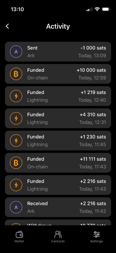 21W activity screen listing sent, funded, and received transactions