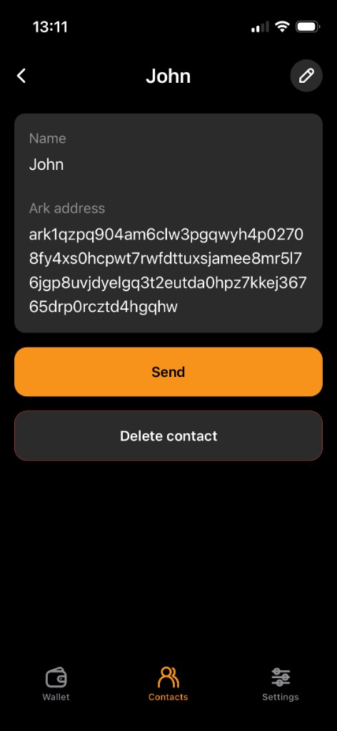 21W contact detail screen with send and delete actions