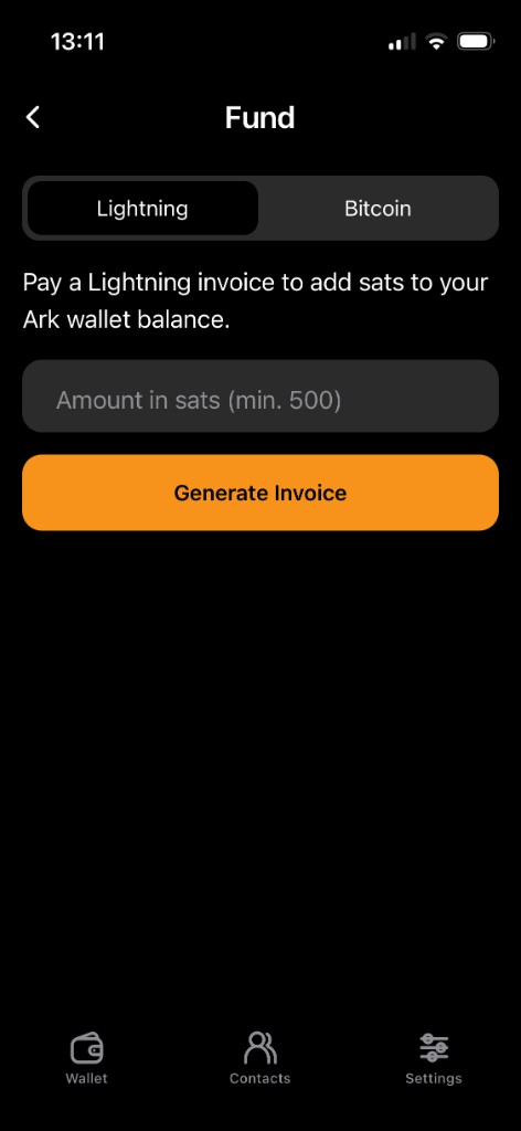 21W fund screen to add sats via Lightning invoice