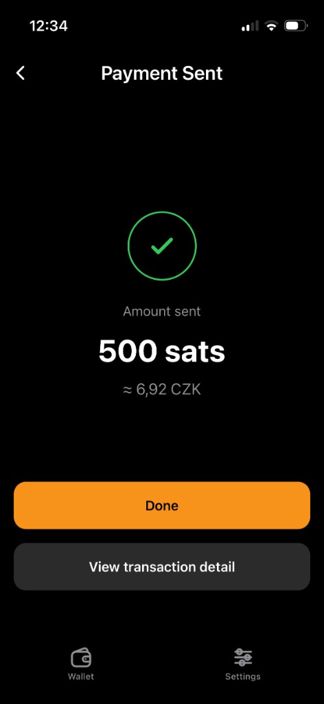 21W payment sent confirmation showing amount in sats