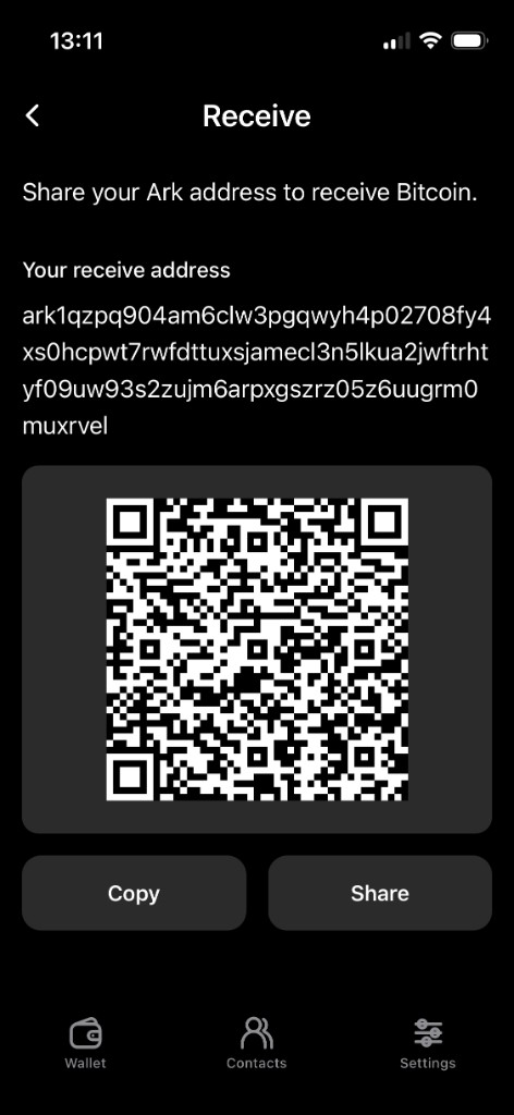 21W receive screen with Ark address and QR code