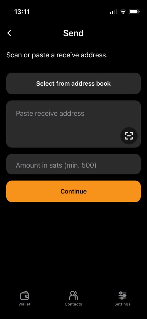 21W send screen to enter recipient address and amount in sats