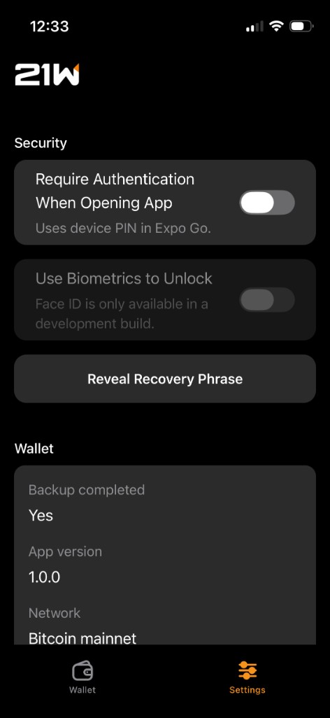 21W settings screen with security options and wallet info