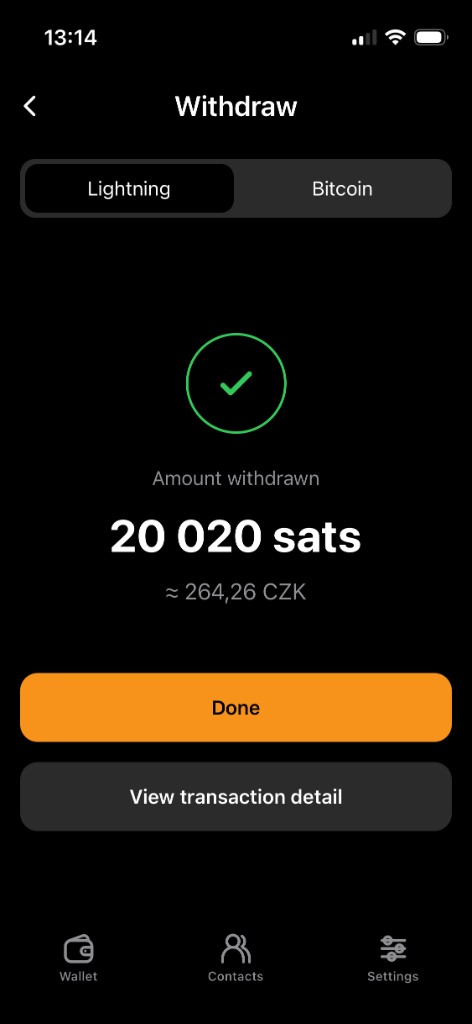 21W withdraw confirmation showing amount withdrawn in sats
