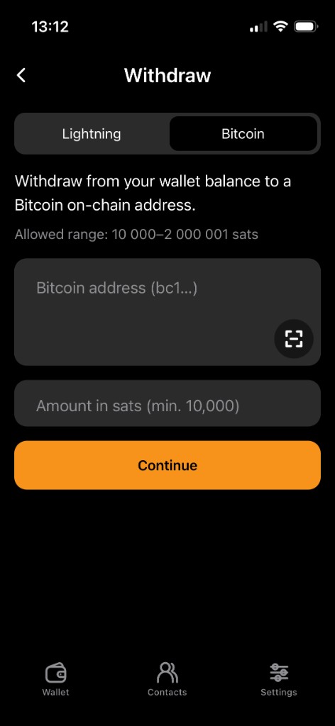 21W withdraw screen to send sats to a Bitcoin on-chain address